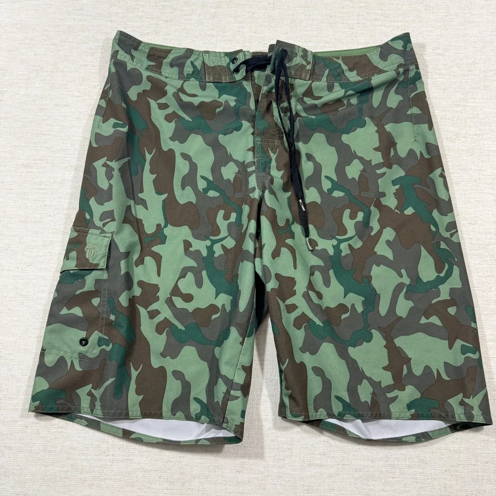 Hang Ten Board Shorts Mens 34 Green Camo Excellent Stretch Swim Trunks Cargo